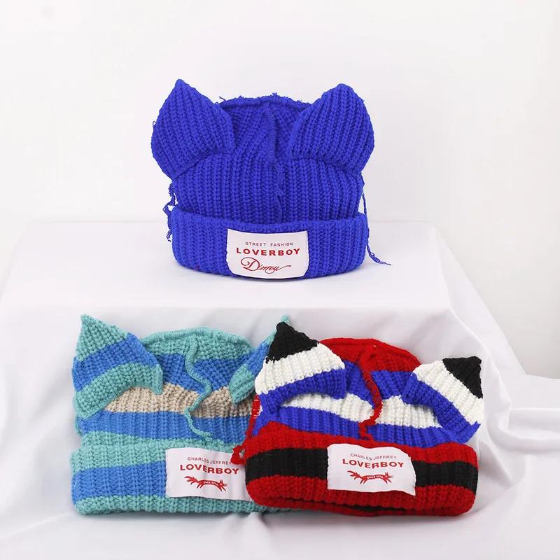 Loverboy Cat Ear Knit Hat Double-layer Warm Pig Ear Woolen Hat Cute Fashion Hooded Cap Niche Design Hip-hop Personality Cold Hat