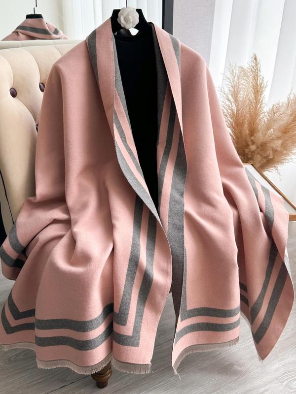 Women's Solid Color & Striped Pattern Tassel Decor Shawl, Casual Warm Thickened Scarf for Fall & Winter, Fashion Accessories for Daily Wear