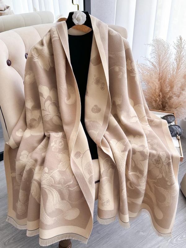 Women's Floral Pattern Raw Trim Shawl, Imitation Cashmere Long Scarf, Casual Soft Warm Thick Double Sided Scarf for Fall & Winter, Fashion Accessories for Daily Wear