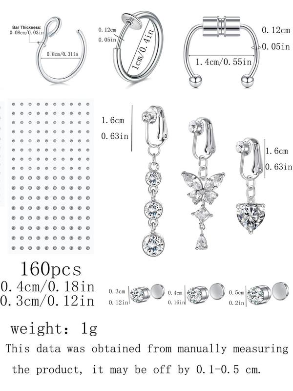 Magnetic Nose Ring & Belly Button Ring Set, Artificial Zirconia Decor Piercing Jewelry for Women & Men, Body Jewelry for Party, Daily Decor, Trendy All-match & Exquisite Jewelry for Birthday Gift