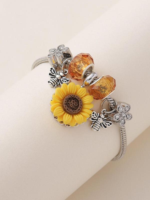 Women's Elegant Sunflower & Bee Design Charm Bracelet, Exquisite Trendy Rhinestone Decor Bracelet, Fashionable Jewelry for Women & Girls As Gift