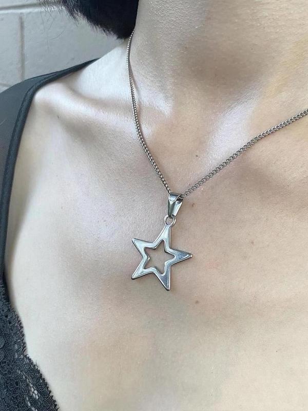 Hollow Out Star Design Pendant Necklace for Women & Girls, Stainless Steel Jewelry for Party, Daily Clothing Decor, Perfect for Gift