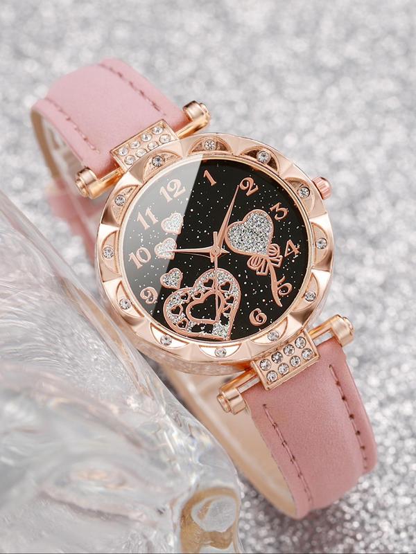 Women's Elegant  Round Dial Quartz Watch & Heart Charm Bracelet Set, without Box, Fashion Watch Set for Party, Daily Decor, Trendy Watch Set for Birthday Gift