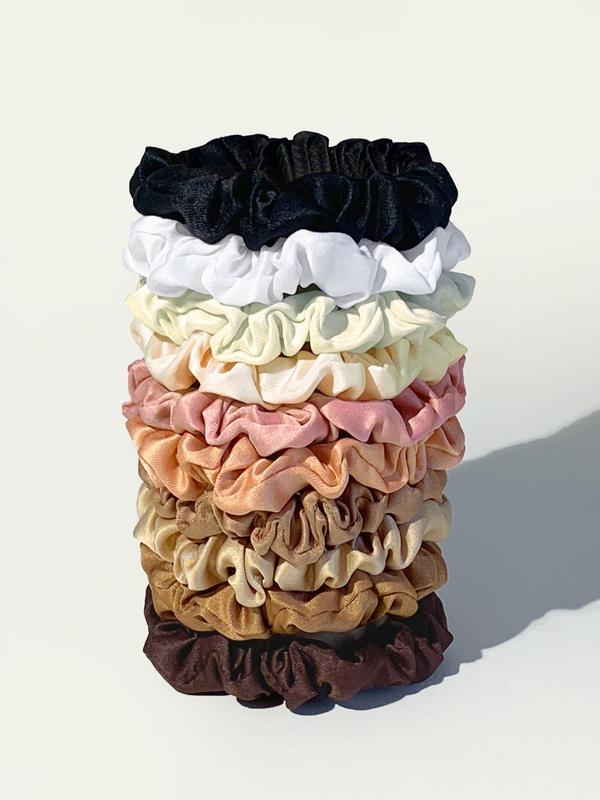 10pcs Solid Color Ruched Satin Scrunchie, Simple Casual Hair Tie for Women, Minimalist Ponytail Holder for Daily Used