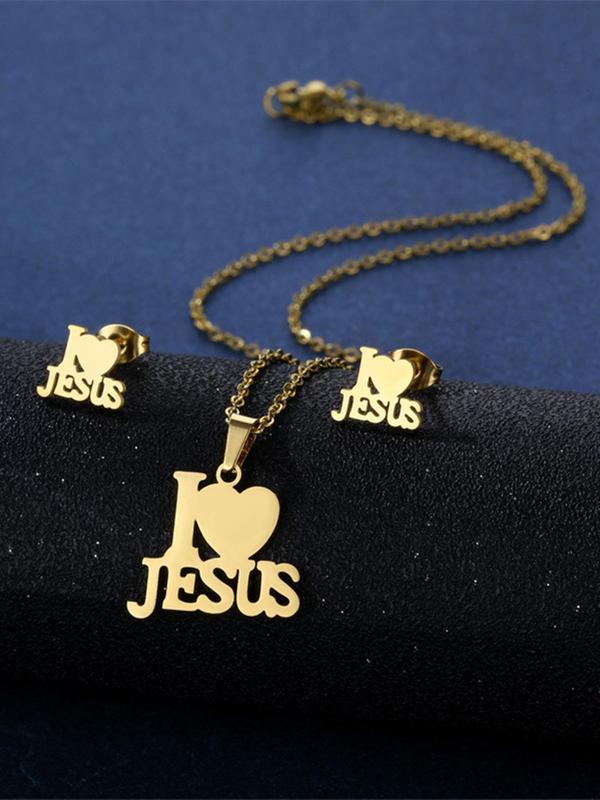 3pcs set Simple Plain Stainless Steel Heart & I Love Jesus Design Jewelry Set, Including Pendant Necklace & Stud Earrings, Trendy Matching Jewelry Set As Gift for Women & Men