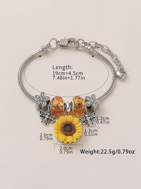 Women's Elegant Sunflower & Bee Design Charm Bracelet, Exquisite Trendy Rhinestone Decor Bracelet, Fashionable Jewelry for Women & Girls As Gift