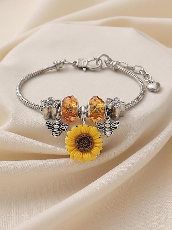 Women's Elegant Sunflower & Bee Design Charm Bracelet, Exquisite Trendy Rhinestone Decor Bracelet, Fashionable Jewelry for Women & Girls As Gift