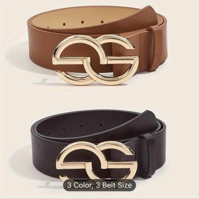 2pcs set Golden Geometric Buckle Belts Trendy Jeans Pants Waistband Classic Solid Color PU Leather Belt For Women