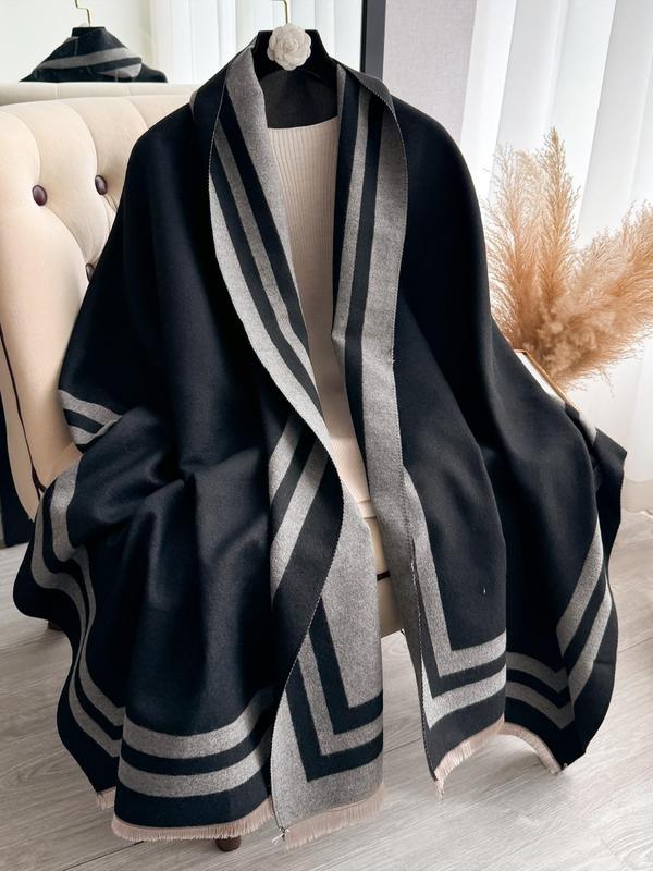 Women's Solid Color & Striped Pattern Tassel Decor Shawl, Casual Warm Thickened Scarf for Fall & Winter, Fashion Accessories for Daily Wear