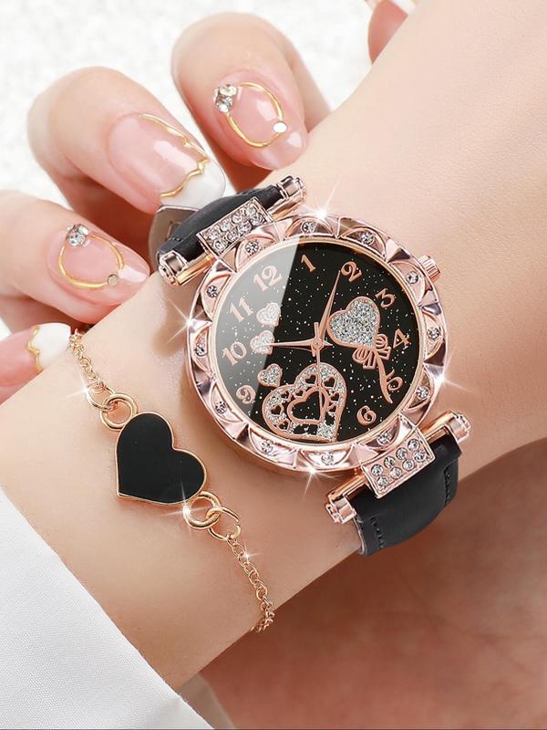 Women's Elegant  Round Dial Quartz Watch & Heart Charm Bracelet Set, without Box, Fashion Watch Set for Party, Daily Decor, Trendy Watch Set for Birthday Gift