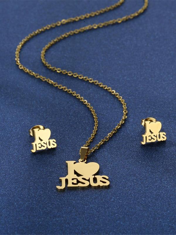 3pcs set Simple Plain Stainless Steel Heart & I Love Jesus Design Jewelry Set, Including Pendant Necklace & Stud Earrings, Trendy Matching Jewelry Set As Gift for Women & Men