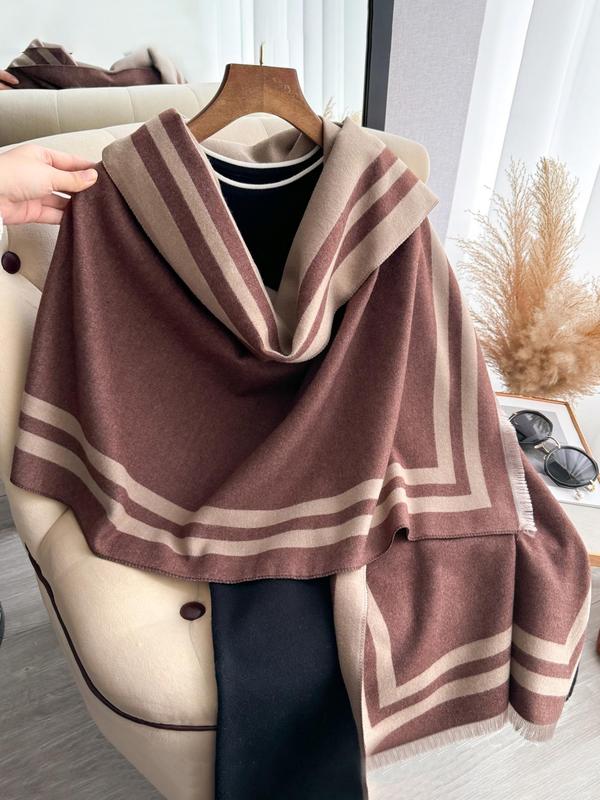 Women's Solid Color & Striped Pattern Tassel Decor Shawl, Casual Warm Thickened Scarf for Fall & Winter, Fashion Accessories for Daily Wear