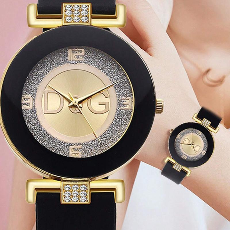 Women's Black Silicone Strap Fashion Rhinestone Dial Quartz Watch For Daily Decoration