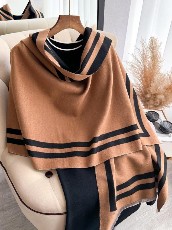 Women's Solid Color & Striped Pattern Tassel Decor Shawl, Casual Warm Thickened Scarf for Fall & Winter, Fashion Accessories for Daily Wear