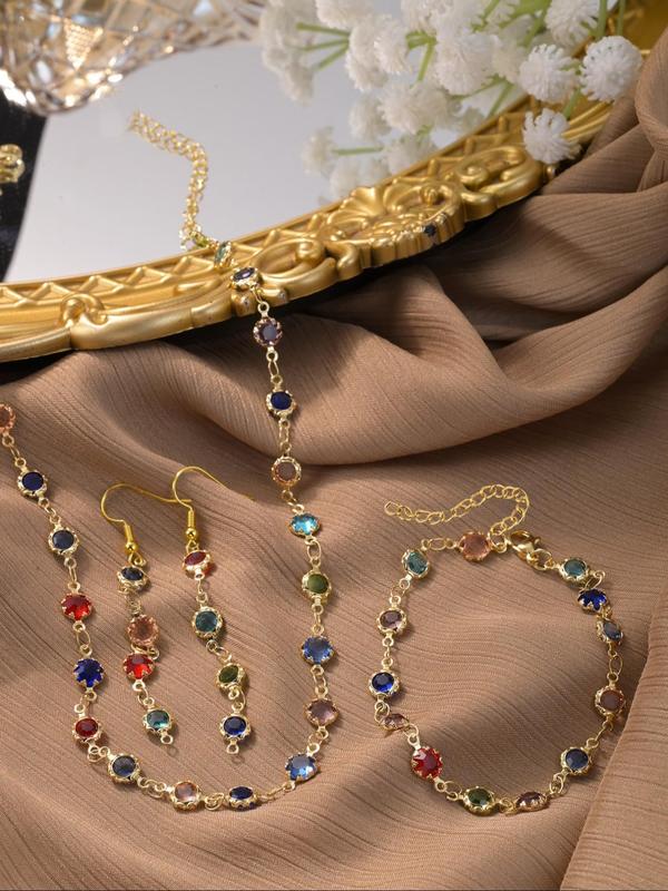 Women's Elegant Rhinestone Decorated Jewelry Set, Fashion Necklace & Earrings & Link Bracelet for Party, Daily Clothing Decor, Trendy All-match & Exquisite Jewelry for Gift