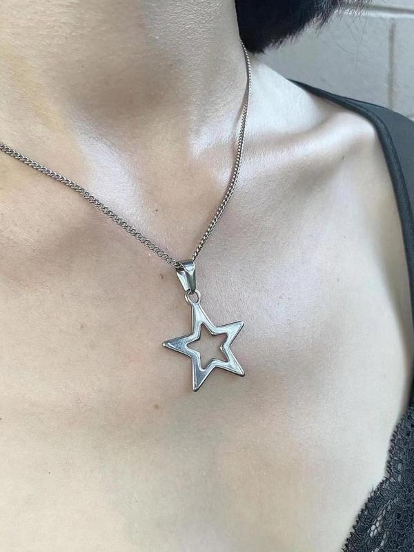 Hollow Out Star Design Pendant Necklace for Women & Girls, Stainless Steel Jewelry for Party, Daily Clothing Decor, Perfect for Gift