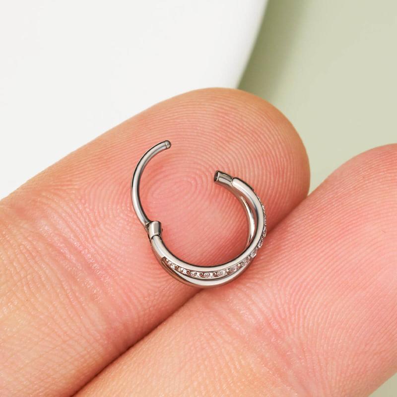 Oufer 18G 20G Titanium Half CZ Double Hoop Nose Ring