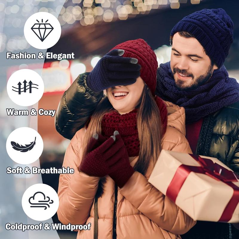 Winter Beanie Hat Scarf Gloves Set, Warm Knit Winter Hats Touchscreen Gloves Thick Neck Warmer Winter Scarf for Women