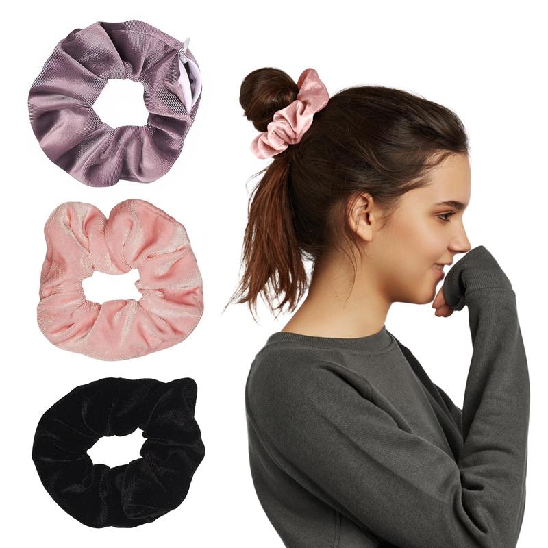 Zipper scrunchie Safe (3 Pack) - Velvet Stasher scrunchies Compartment for Cash Cards Keys Pills Valuables | Hair bun ties Secret Pocket ponytails women Diversion safes disguise container Accessories