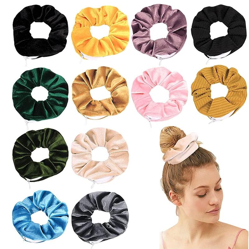 Zipper scrunchie Safe (3 Pack) - Velvet Stasher scrunchies Compartment for Cash Cards Keys Pills Valuables | Hair bun ties Secret Pocket ponytails women Diversion safes disguise container Accessories