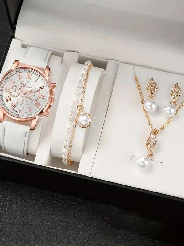 Women's Elegant Fashion Watch & Jewelry Set, Including Round Dial Watch & Bracelet & Necklace & Earrings, Trendy All-match & Exquisite Watch Set for Birthday Gift without Box