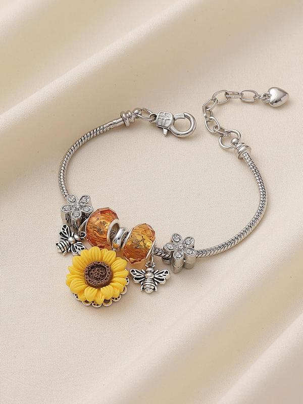 Women's Elegant Sunflower & Bee Design Charm Bracelet, Exquisite Trendy Rhinestone Decor Bracelet, Fashionable Jewelry for Women & Girls As Gift