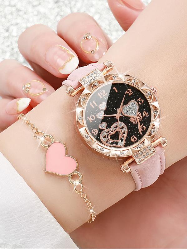 Women's Elegant  Round Dial Quartz Watch & Heart Charm Bracelet Set, without Box, Fashion Watch Set for Party, Daily Decor, Trendy Watch Set for Birthday Gift