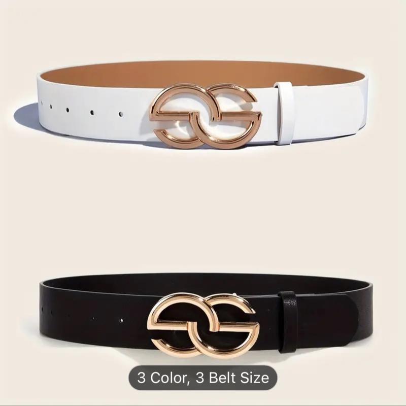 2pcs set Golden Geometric Buckle Belts Trendy Jeans Pants Waistband Classic Solid Color PU Leather Belt For Women