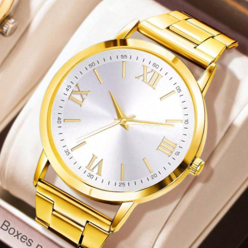 Men's Silver Stainless Steel Strap Casual Minimalist Round Dial Roman Numerals Quartz Watch