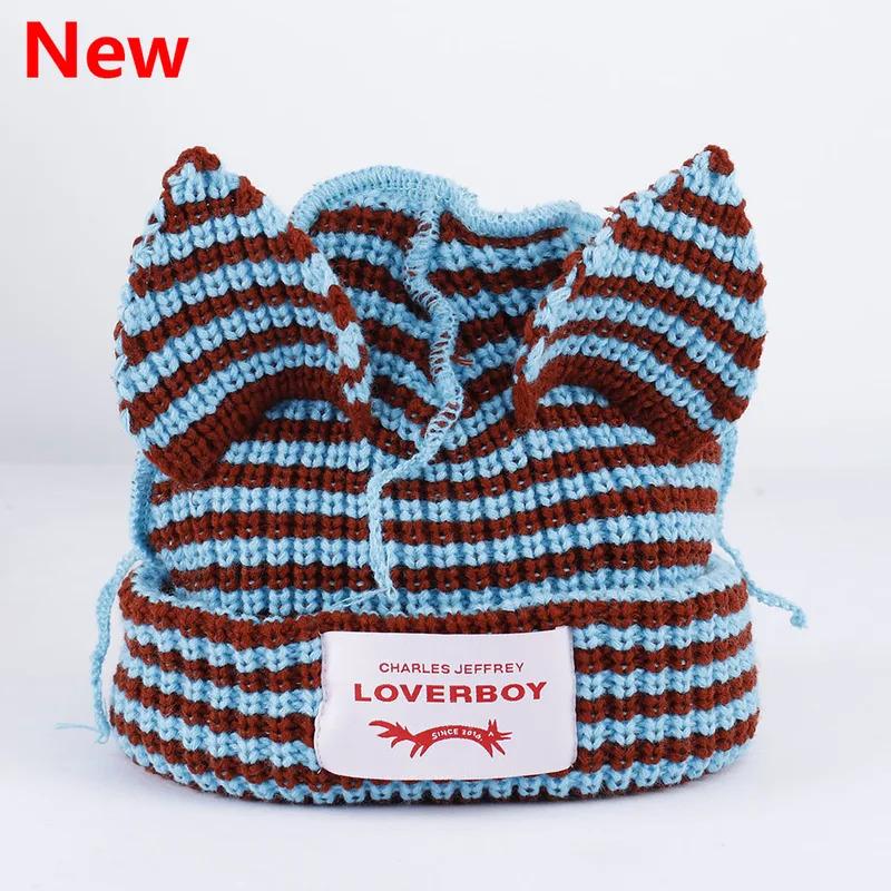 Loverboy Cat Ear Knit Hat Double-layer Warm Pig Ear Woolen Hat Cute Fashion Hooded Cap Niche Design Hip-hop Personality Cold Hat