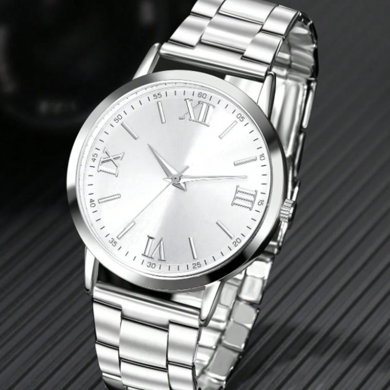 Men's Silver Stainless Steel Strap Casual Minimalist Round Dial Roman Numerals Quartz Watch