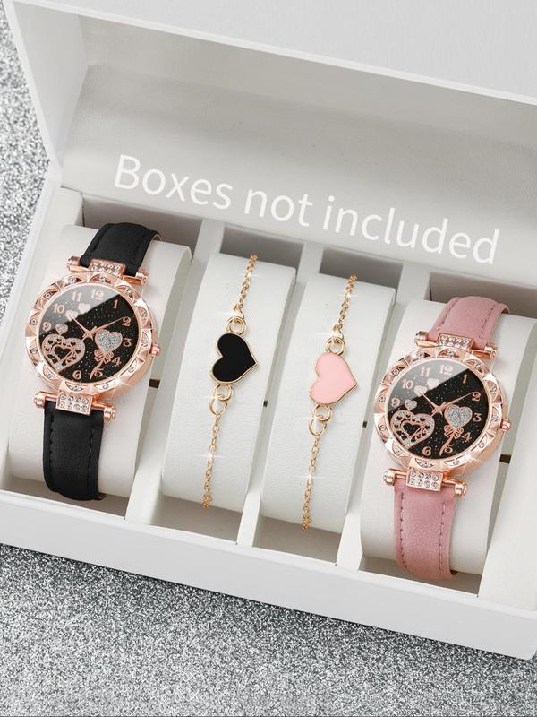 Women's Elegant  Round Dial Quartz Watch & Heart Charm Bracelet Set, without Box, Fashion Watch Set for Party, Daily Decor, Trendy Watch Set for Birthday Gift