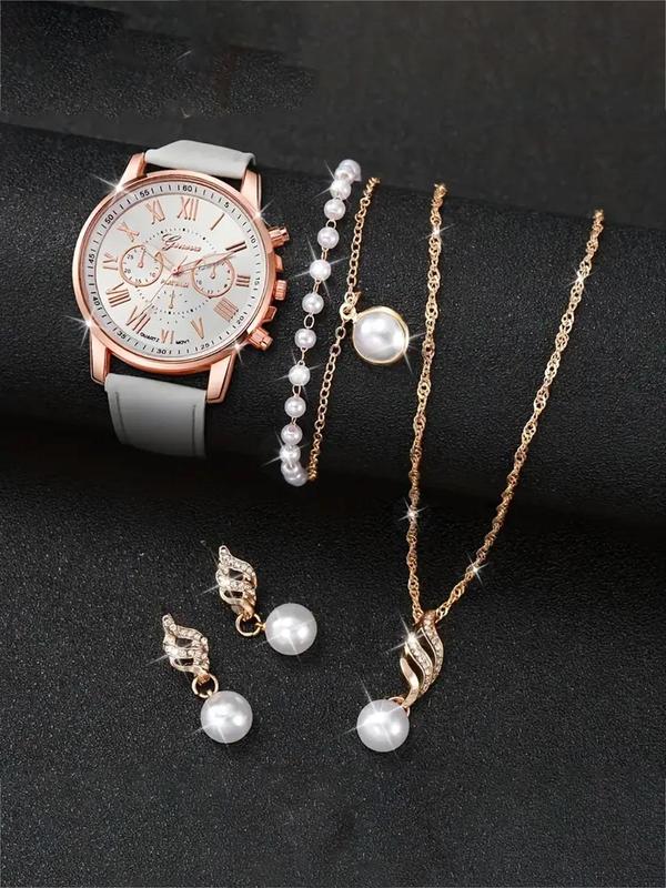 Women's Elegant Fashion Watch & Jewelry Set, Including Round Dial Watch & Bracelet & Necklace & Earrings, Trendy All-match & Exquisite Watch Set for Birthday Gift without Box