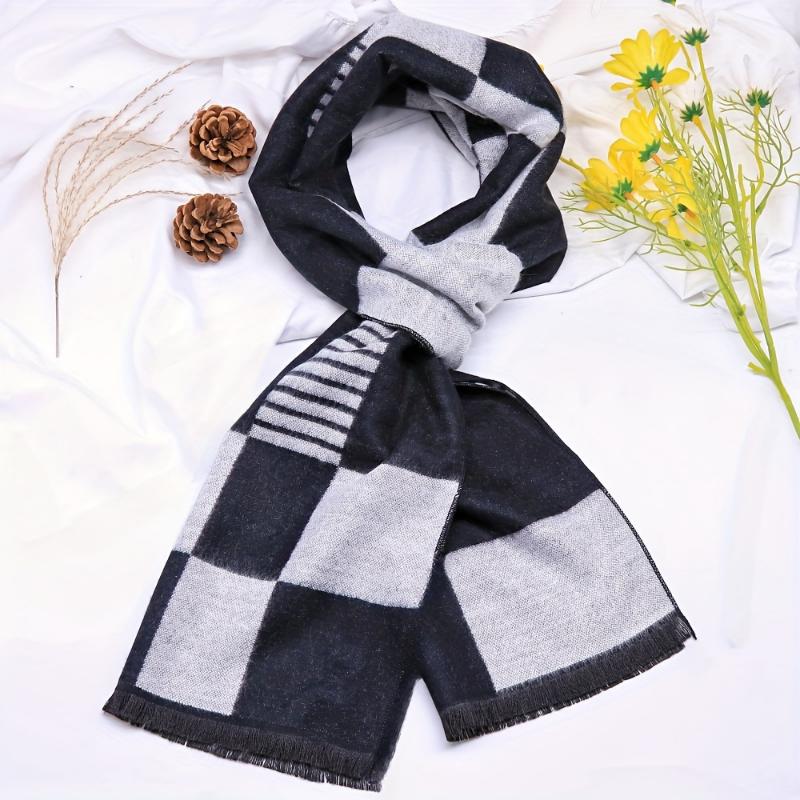 Stylish Men's Black & White Plaid Scarf - Warm, Fashionable Autumn Winter Accessory, 70.8