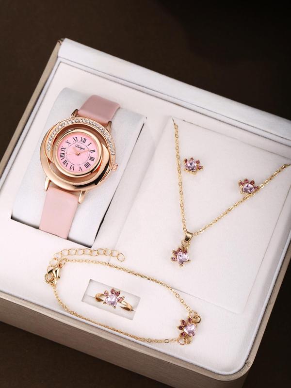 Women's Elegant Rhinestone Decor Wristwatch & Jewelry Set, 6 Counts set Trendy Wristwatch & Pendant Necklace & Stud Earrings & Bracelet & Ring, Luxury Watch Set As Gift without Box