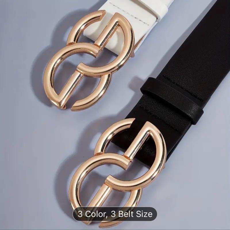 2pcs set Golden Geometric Buckle Belts Trendy Jeans Pants Waistband Classic Solid Color PU Leather Belt For Women