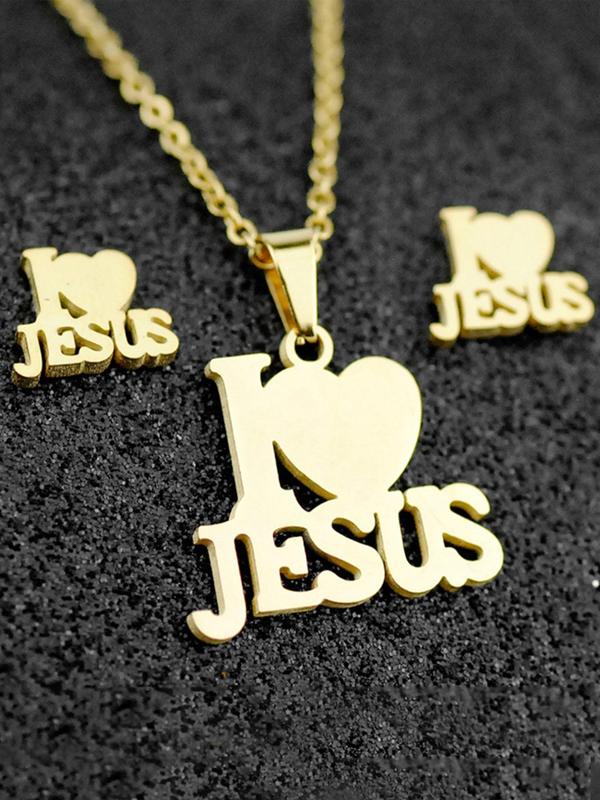 3pcs set Simple Plain Stainless Steel Heart & I Love Jesus Design Jewelry Set, Including Pendant Necklace & Stud Earrings, Trendy Matching Jewelry Set As Gift for Women & Men