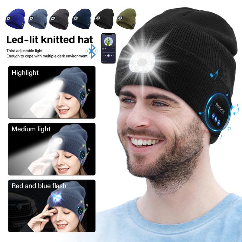 Beanie Bluetooth Hat with Light, Wireless Headphones, USB Rechargeable Headlamp Winter Knitted Cap Gifts for Men & Women, Casual Knit Hat for Fall & Winter, Fashion Accessories for Cold Weather, Fall Outfits, Black,  Christmas Gift