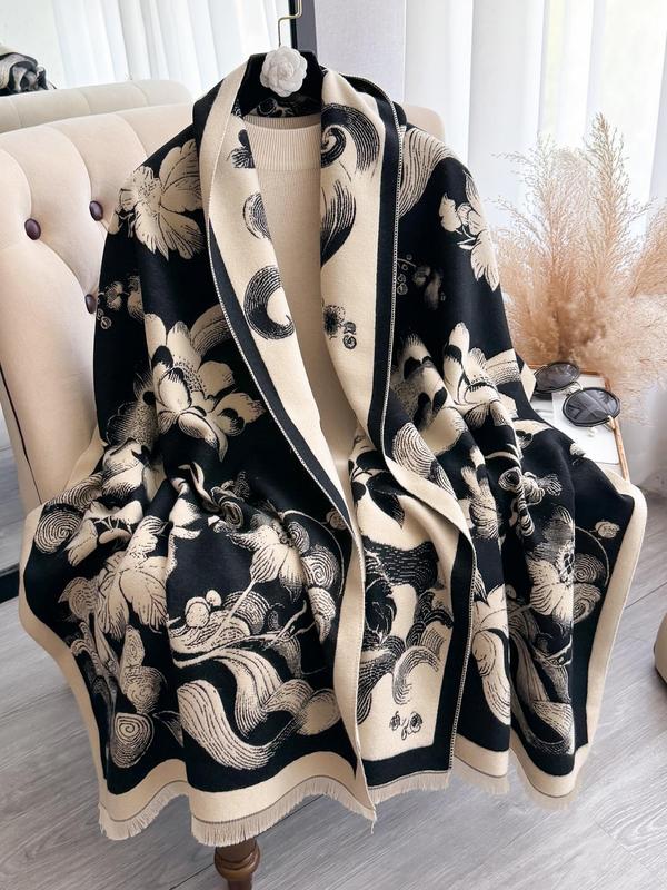 Women's Floral Pattern Raw Trim Shawl, Imitation Cashmere Long Scarf, Casual Soft Warm Thick Double Sided Scarf for Fall & Winter, Fashion Accessories for Daily Wear