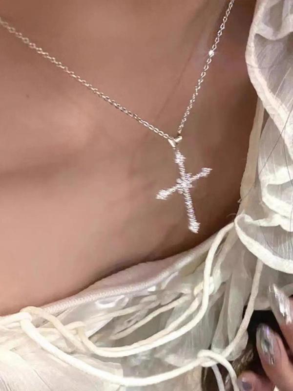 Rhinestone Cross Pendant Necklace for Women, Fashion Jewelry for Party, Daily Clothing Decor, Trendy All-match & Exquisite Jewelry for Birthday Gift