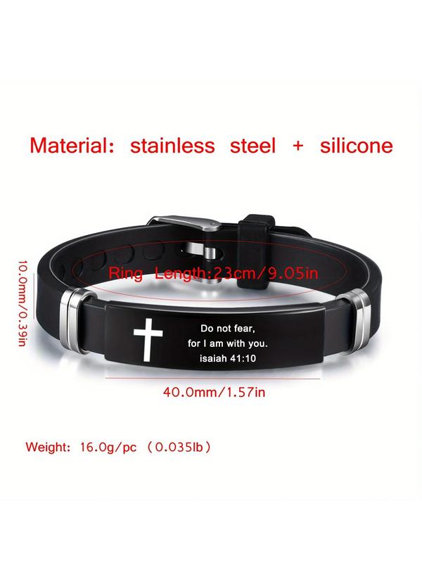 Adjustable Silicone Bracelet, Stainless Steel Cross & Letter Design Bracelet for Men & Women, Trendy All-match & Exquisite Jewelry for Birthday Gift