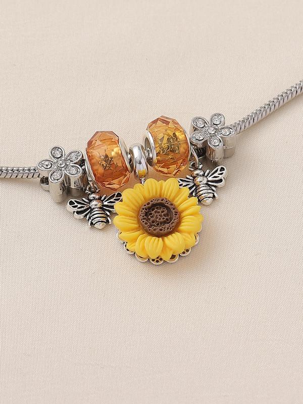 Women's Elegant Sunflower & Bee Design Charm Bracelet, Exquisite Trendy Rhinestone Decor Bracelet, Fashionable Jewelry for Women & Girls As Gift