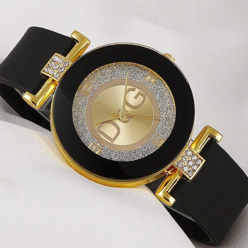 Women's Black Silicone Strap Fashion Rhinestone Dial Quartz Watch For Daily Decoration