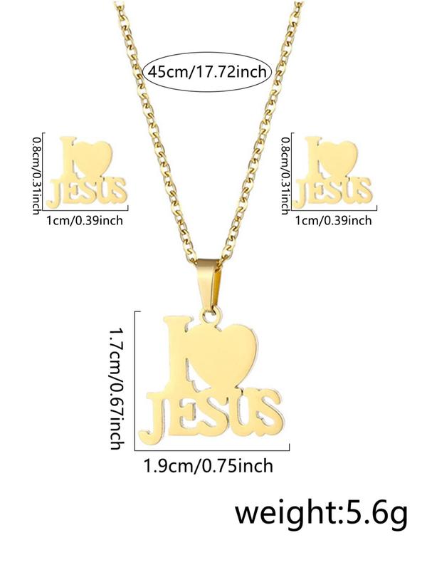 3pcs set Simple Plain Stainless Steel Heart & I Love Jesus Design Jewelry Set, Including Pendant Necklace & Stud Earrings, Trendy Matching Jewelry Set As Gift for Women & Men