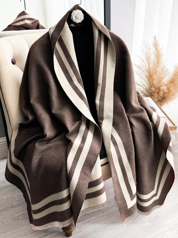 Women's Solid Color & Striped Pattern Tassel Decor Shawl, Casual Warm Thickened Scarf for Fall & Winter, Fashion Accessories for Daily Wear