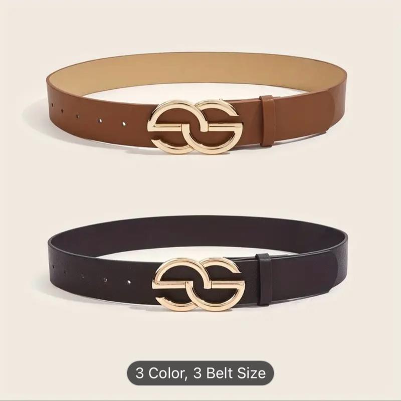 2pcs set Golden Geometric Buckle Belts Trendy Jeans Pants Waistband Classic Solid Color PU Leather Belt For Women