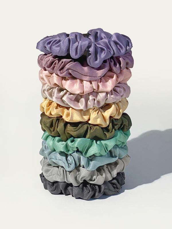 10pcs Solid Color Ruched Satin Scrunchie, Simple Casual Hair Tie for Women, Minimalist Ponytail Holder for Daily Used