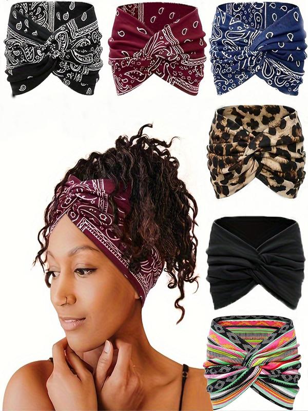 Boho Style Leopard & Paisley Print Hair Band (6counts set), Non-slip Wide Elastic Hair Band Back To School, Fashion Summer 2024 Hair Accessories for Women & Girls, Fall Outfits, Fall Freshness