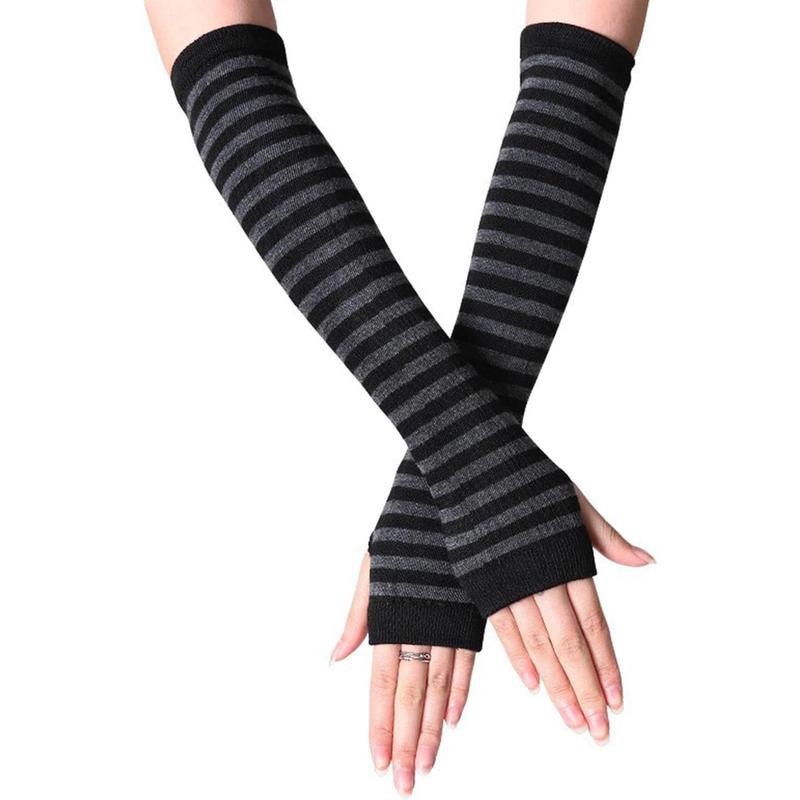 Womens Punk Gothic Long Arm Warmers Striped Fingerless Gloves Winter Knitted Stretchy Mittens Thumb Hole Wrist Warmer