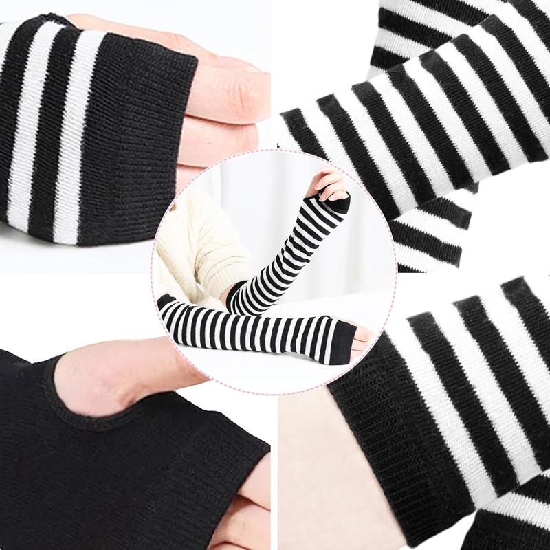 Womens Punk Gothic Long Arm Warmers Striped Fingerless Gloves Winter Knitted Stretchy Mittens Thumb Hole Wrist Warmer